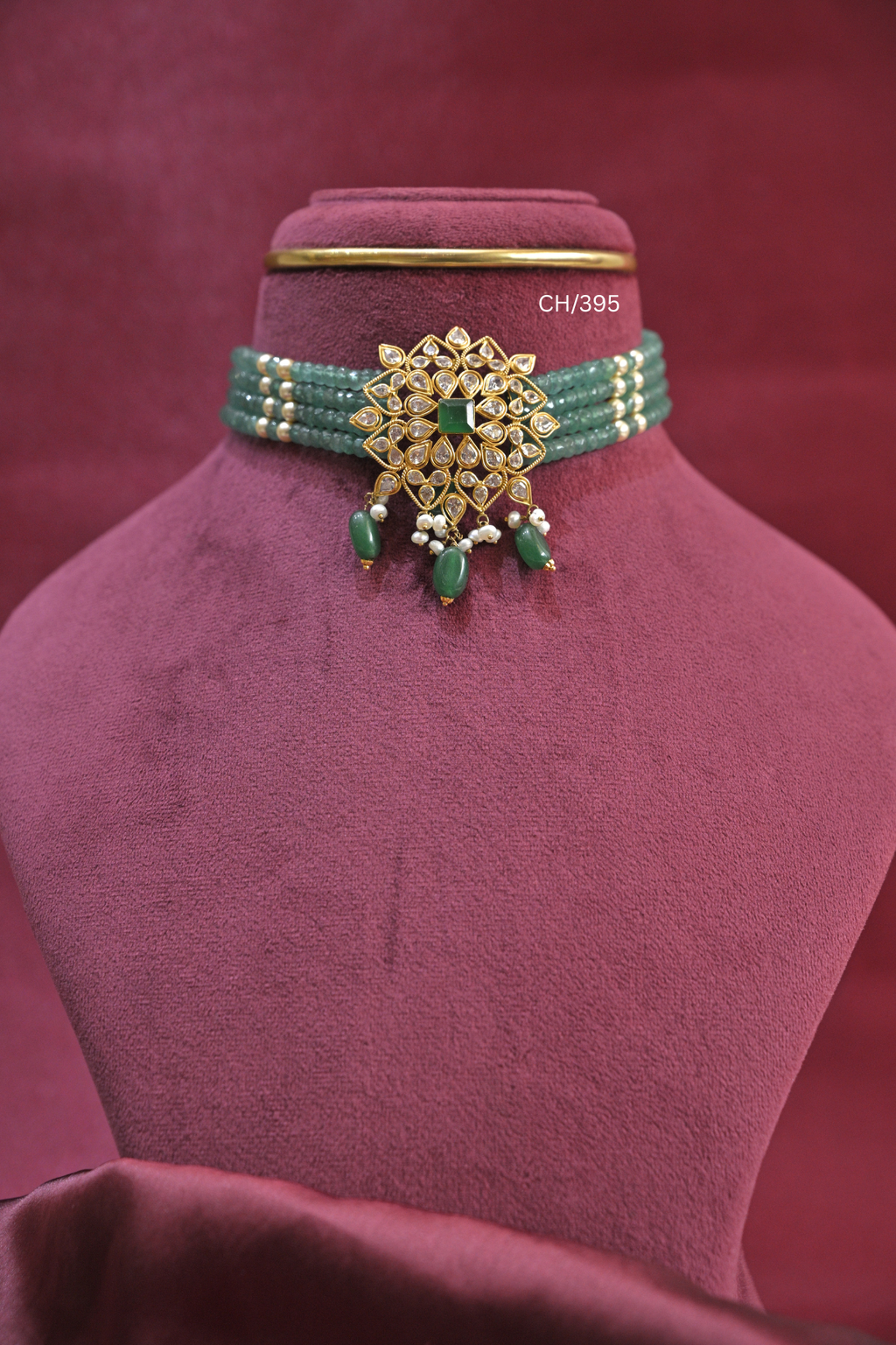 Multi-Strand Emerald Bead Choker with Square Emerald & Intricate CZ Medallion | SKU: CH/395