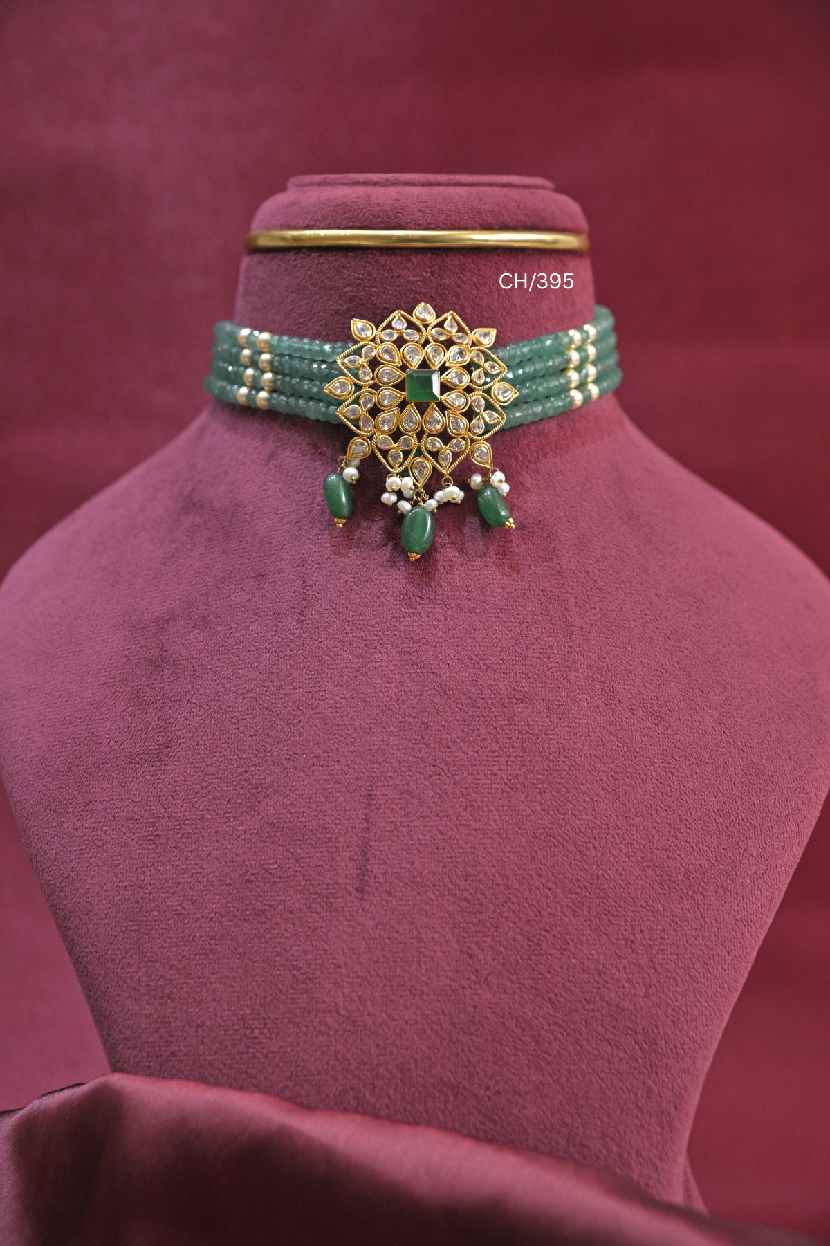 Multi-Strand Emerald Bead Choker with Square Emerald & Intricate CZ Medallion | SKU: CH/395