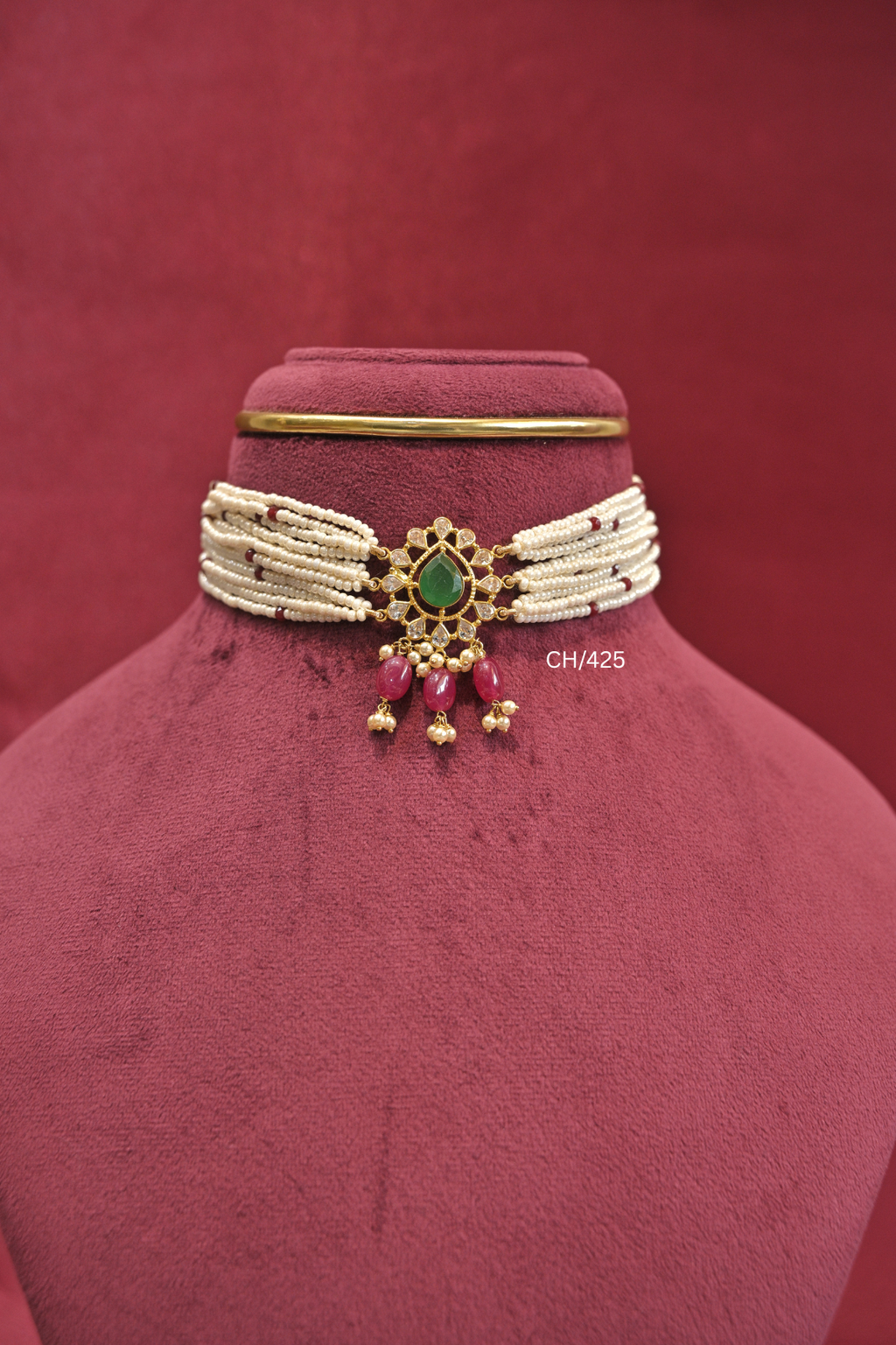 Multi-Strand Pearl Choker with Emerald & Ruby Drops | SKU: CH/425