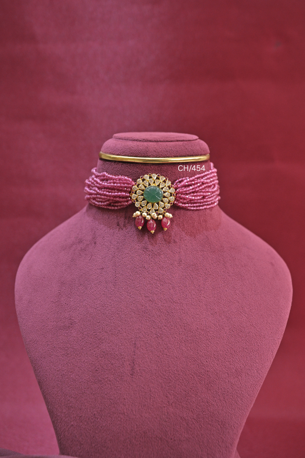 Multi-Strand Pink Bead Choker with Emerald & CZ Medallion | SKU: CH/454
