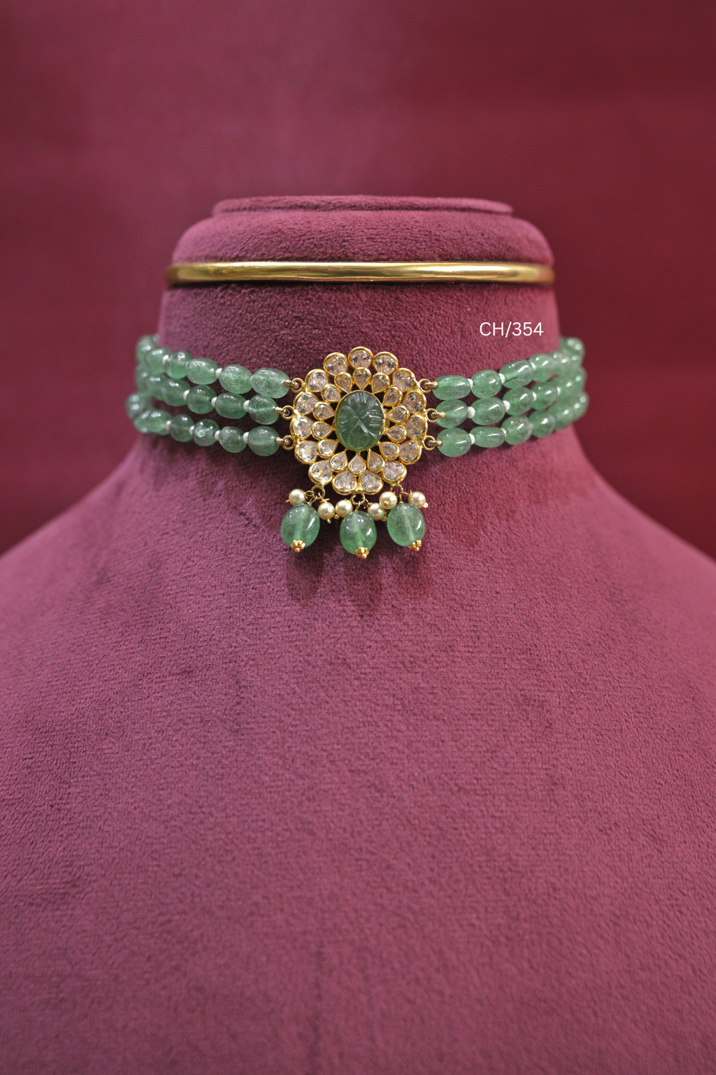 Three-Strand Emerald Bead Choker with Carved Gemstone & CZ Medallion | SKU: CH/354