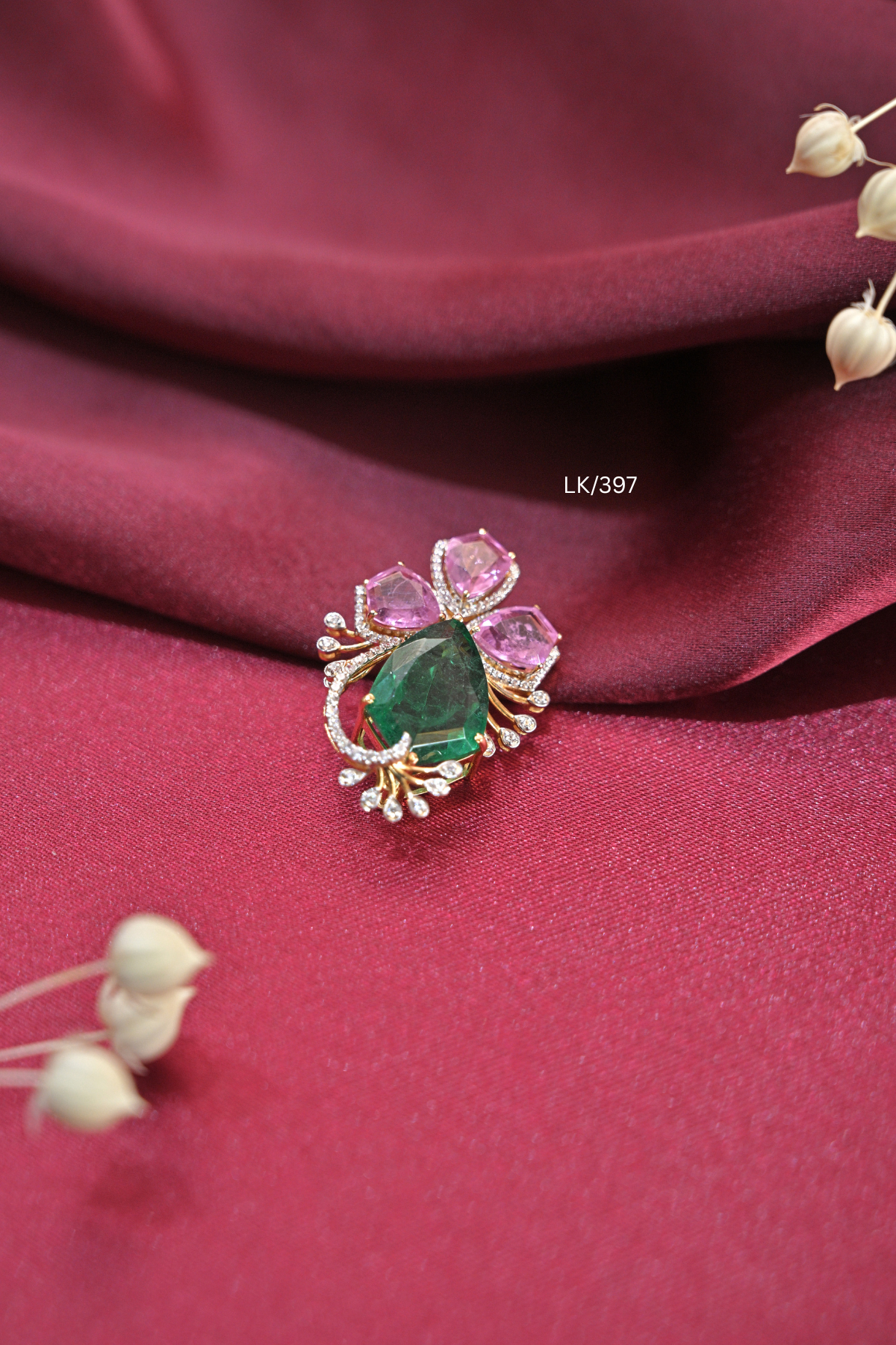 Colombian Emerald & Pink Gemstone Floral Locket | SKU: LK/397