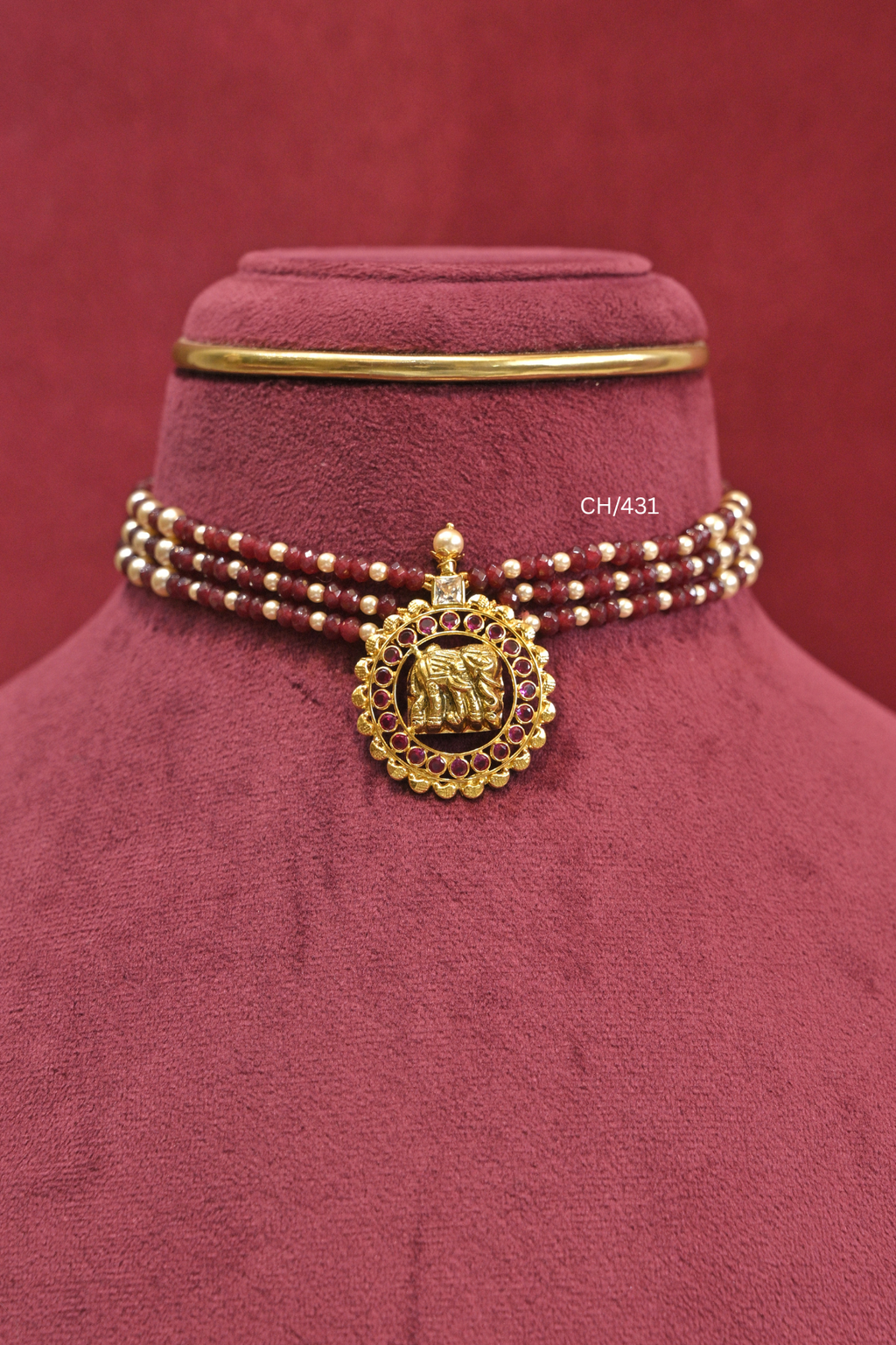 Ruby Beads Temple Choker with Elephant Medallion| SKU: CH/431