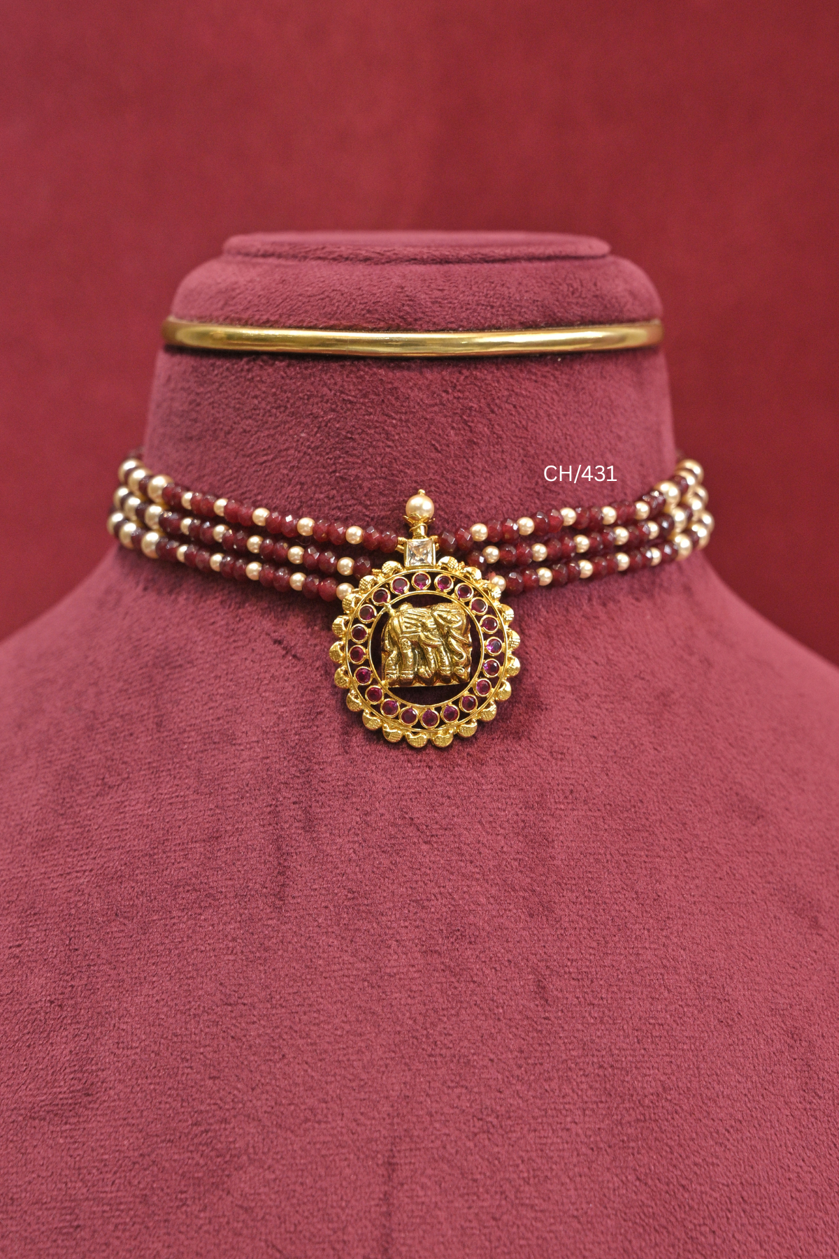 Ruby Beads Temple Choker with Elephant Medallion| SKU: CH/431
