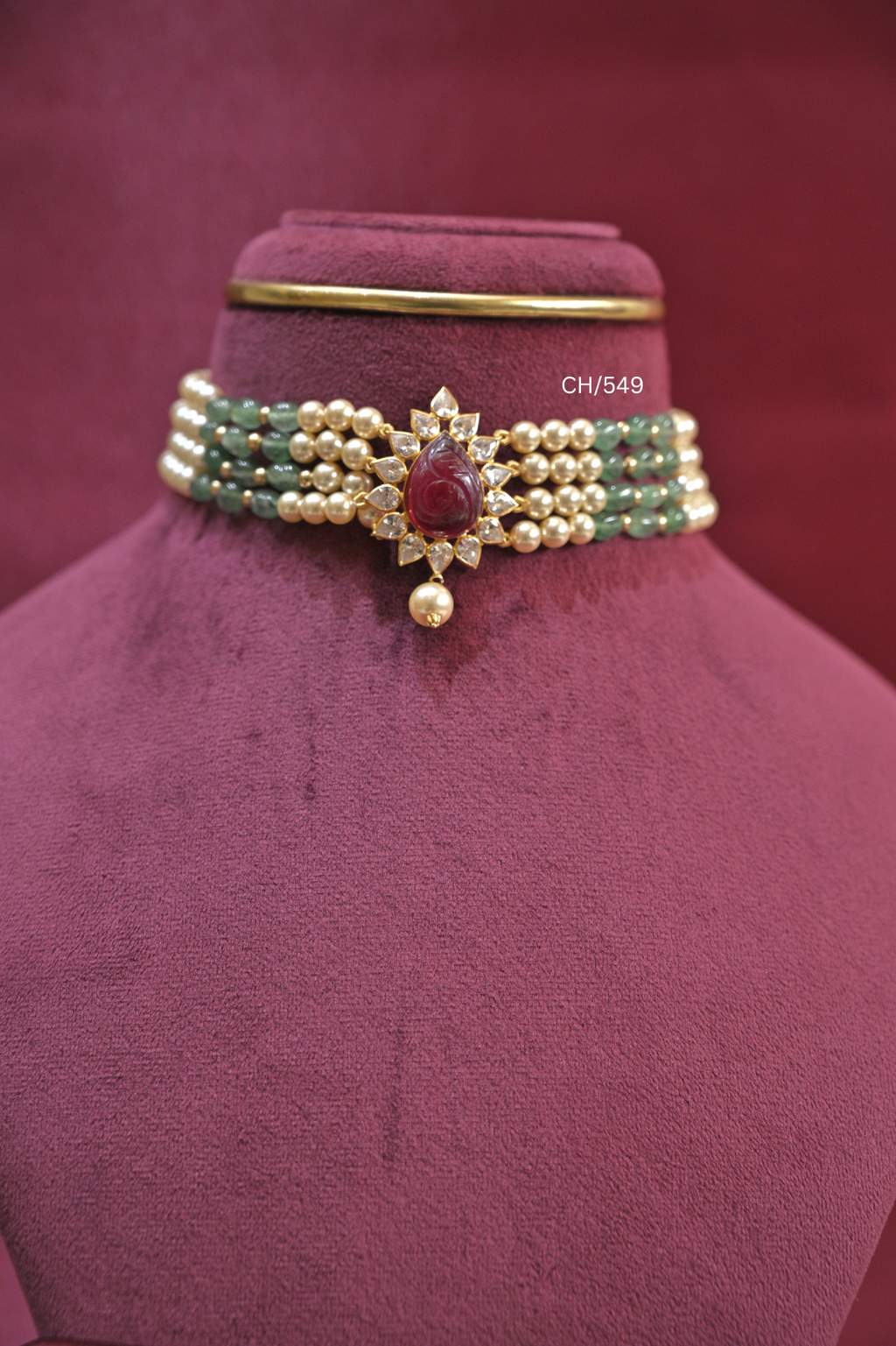 Pearl & Green Bead Choker with Carved Ruby Teardrop Pendant | SKU: CH/549