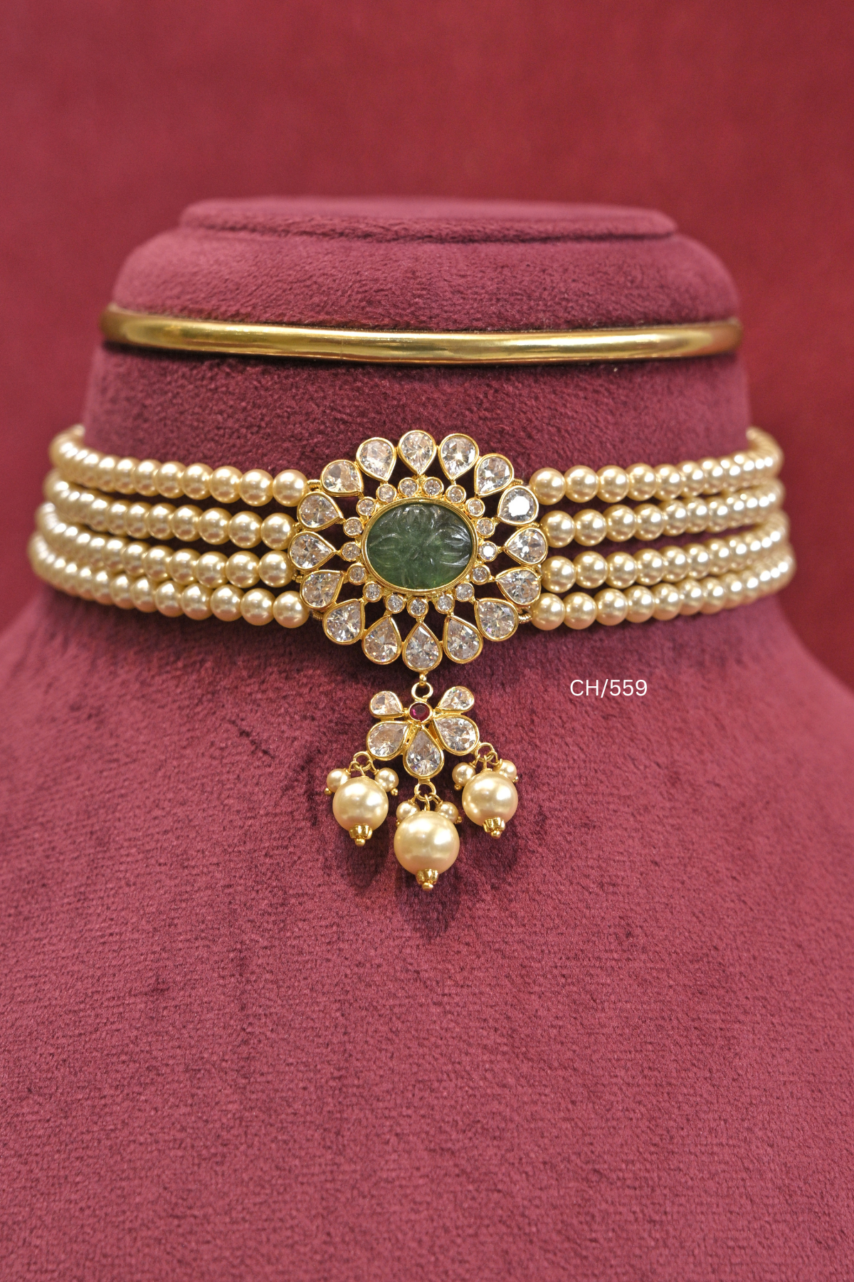 Carved Gemstone & Pearl Choker Necklace| SKU: CH/559