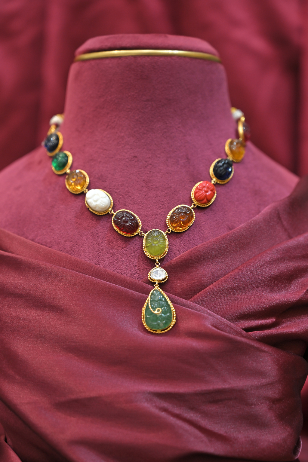 Multicolor Floral Motif Statement Necklace with Green Drop Pendant