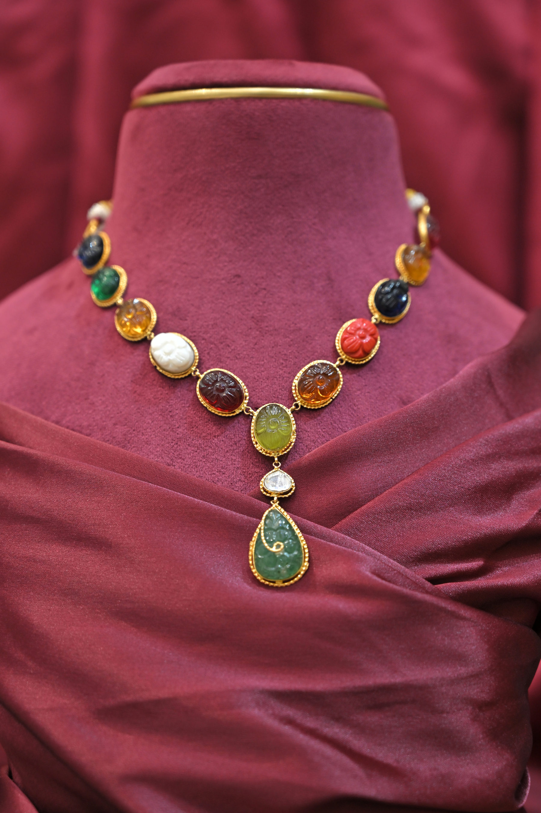 Multicolor Floral Motif Statement Necklace with Green Drop Pendant