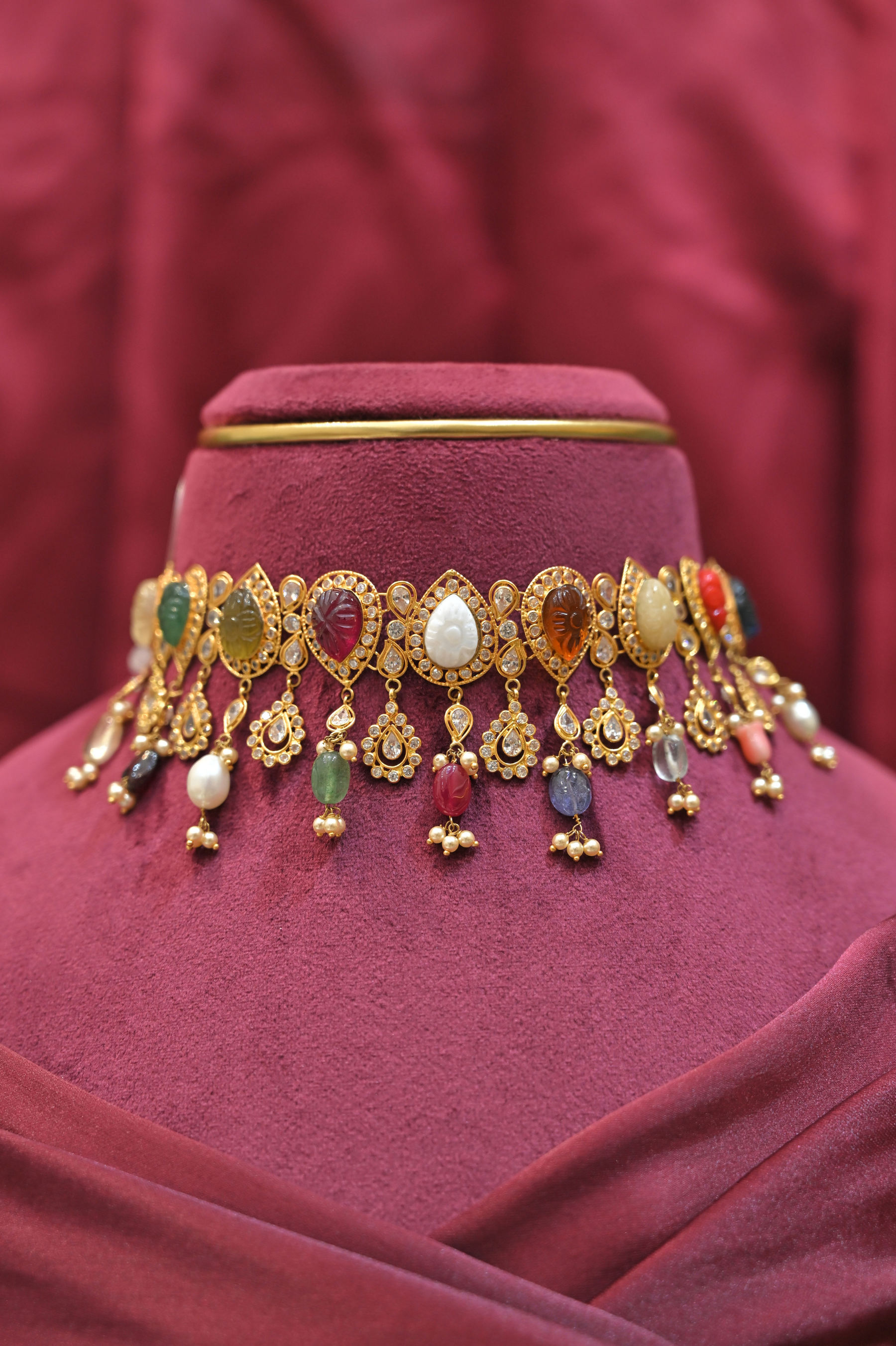 Multicolor Gem Motif Statement Choker Necklace with Dangling Charms