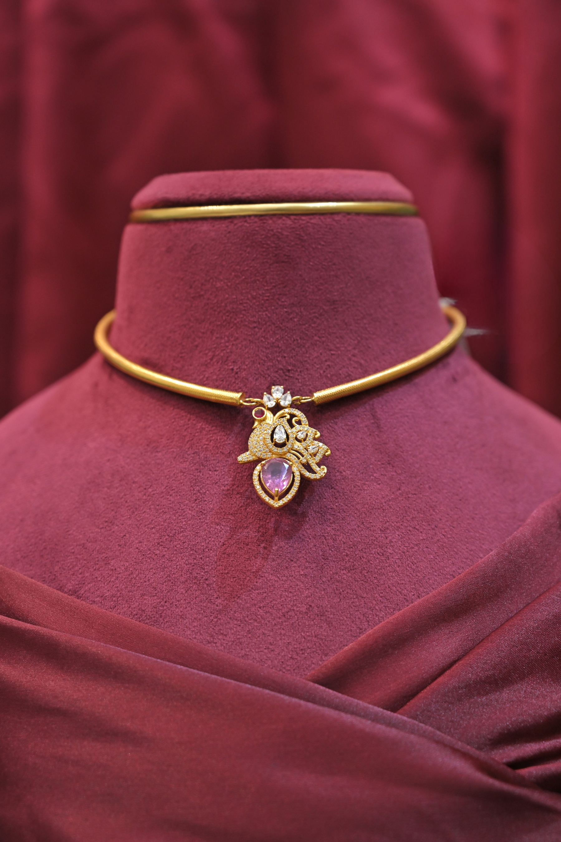 Floral Pink Teardrop Pendant Designer Choker Necklace