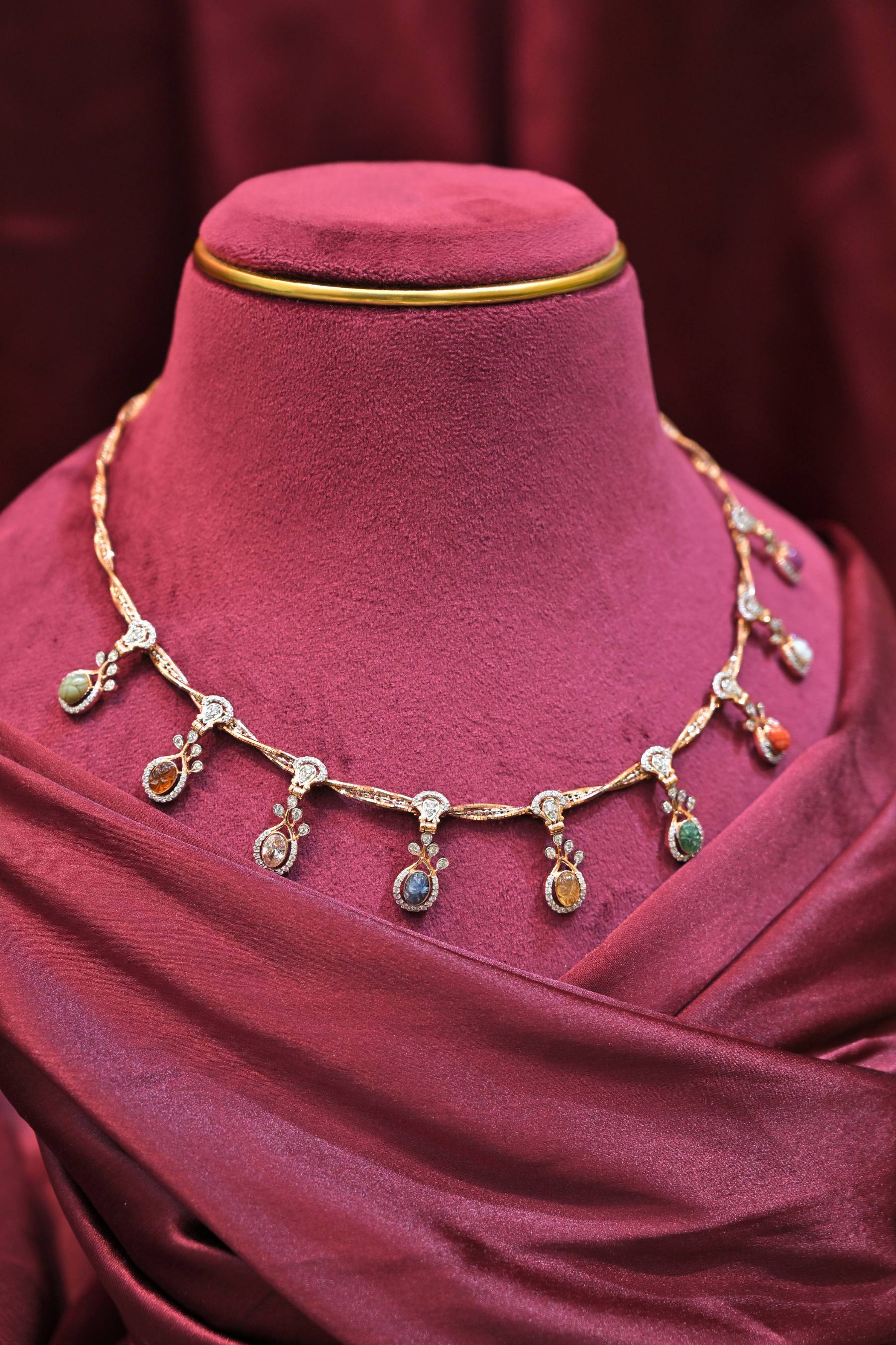 Multicolor Gem Drop Designer Necklace with Dangling Charms
