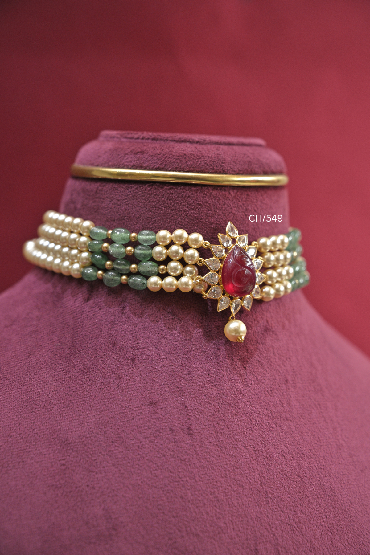 Pearl & Green Bead Choker with Carved Ruby Teardrop Pendant | SKU: CH/549