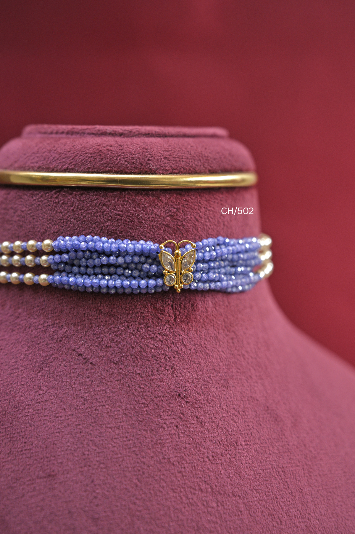 Multi-Strand Periwinkle Bead Choker with CZ Butterfly Accent | SKU: CH/502