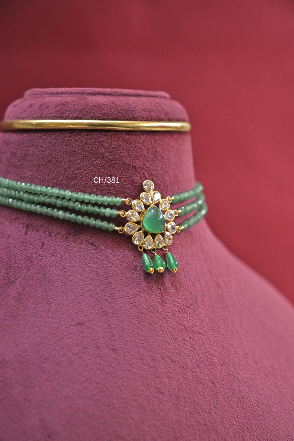 Three-Strand Emerald Bead Choker with Pear-Cut Emerald & CZ Halo | SKU: CH/381