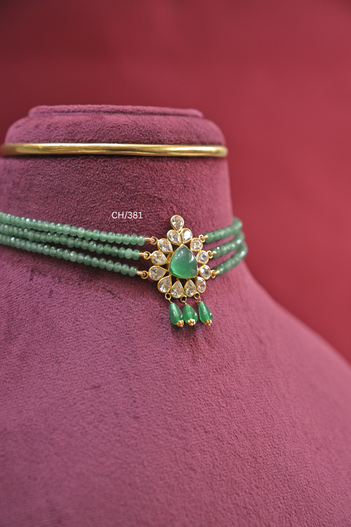 Three-Strand Emerald Bead Choker with Pear-Cut Emerald & CZ Halo | SKU: CH/381