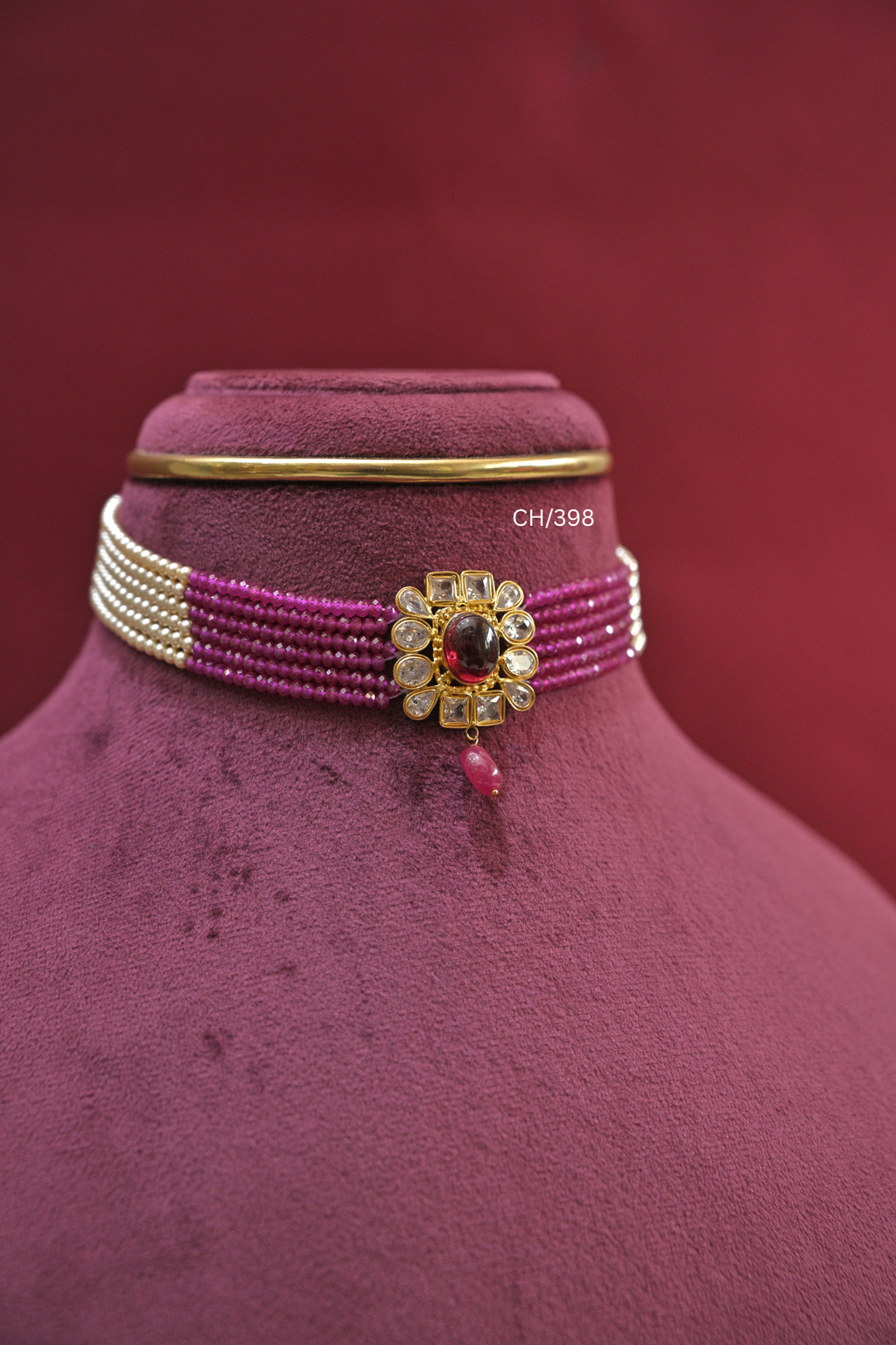 Multi-Strand Ruby-Pink Bead & Pearl Choker with Oval Ruby Medallion | SKU: CH/398