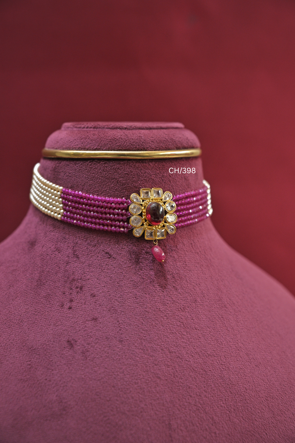 Multi-Strand Ruby-Pink Bead & Pearl Choker with Oval Ruby Medallion | SKU: CH/398