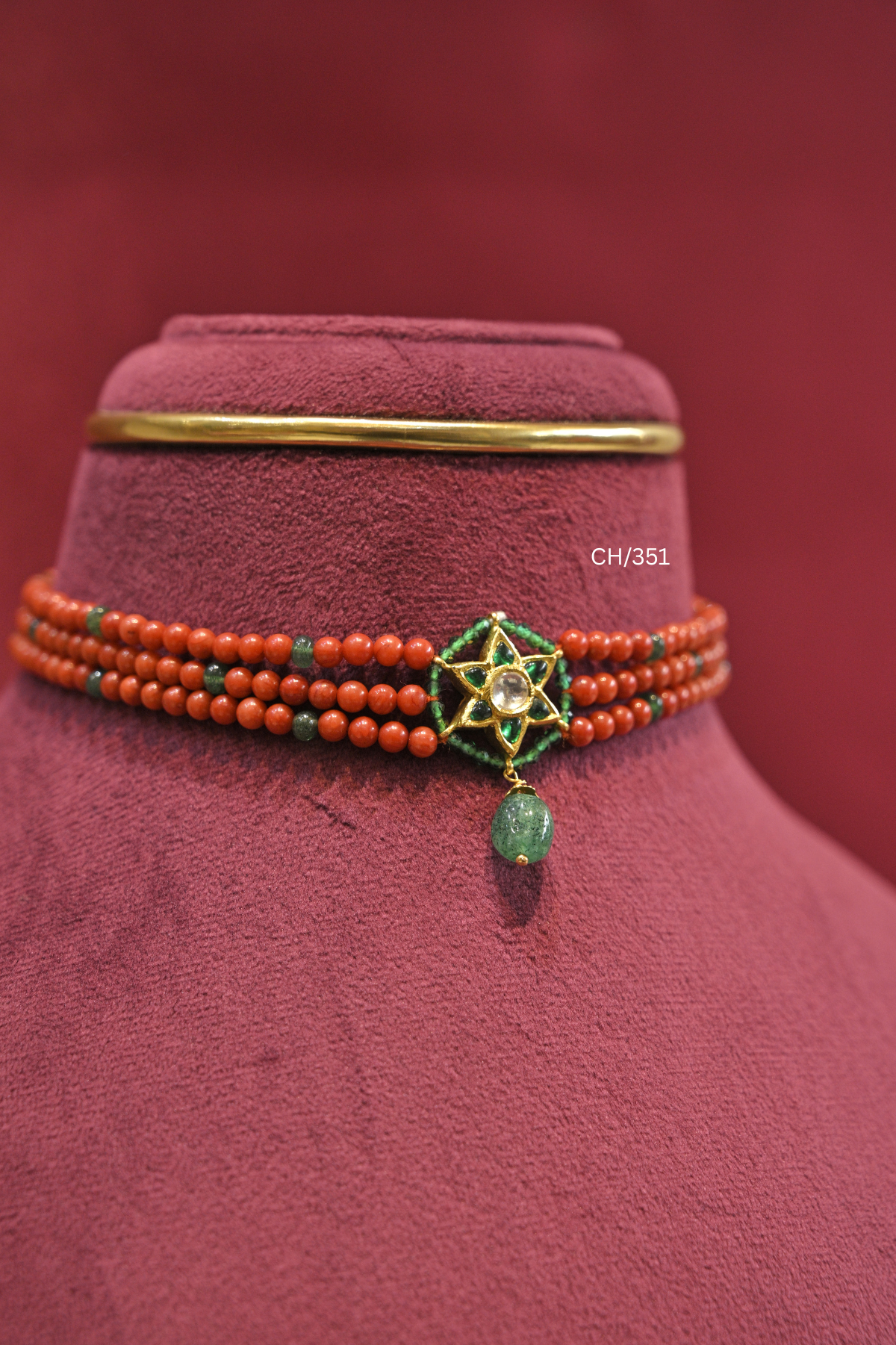 Coral-Red Bead Choker with Kundan Starburst Pendant | SKU: CH/351