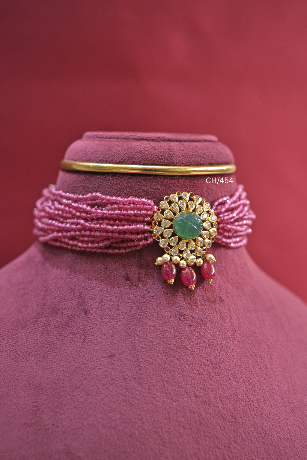 Multi-Strand Pink Bead Choker with Emerald & CZ Medallion | SKU: CH/454