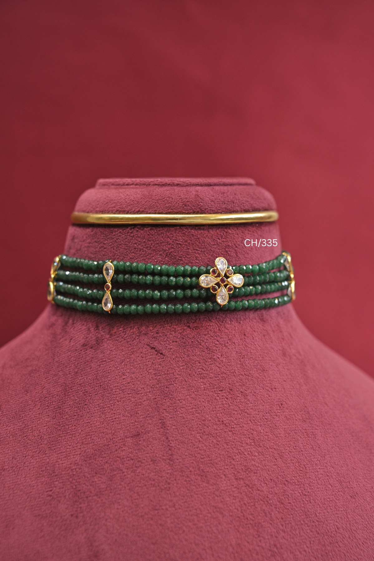 Gold Emerald Beads Floral Motif Choker Necklace | SKU: CH/335