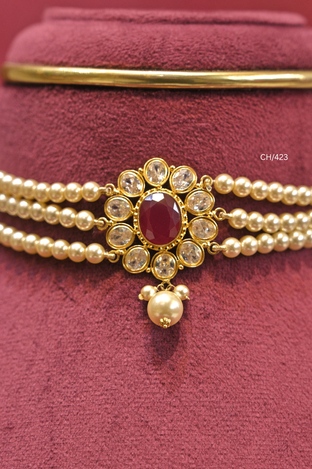 Three-Strand Pearl Choker with Floral Pendant | SKU: CH/423