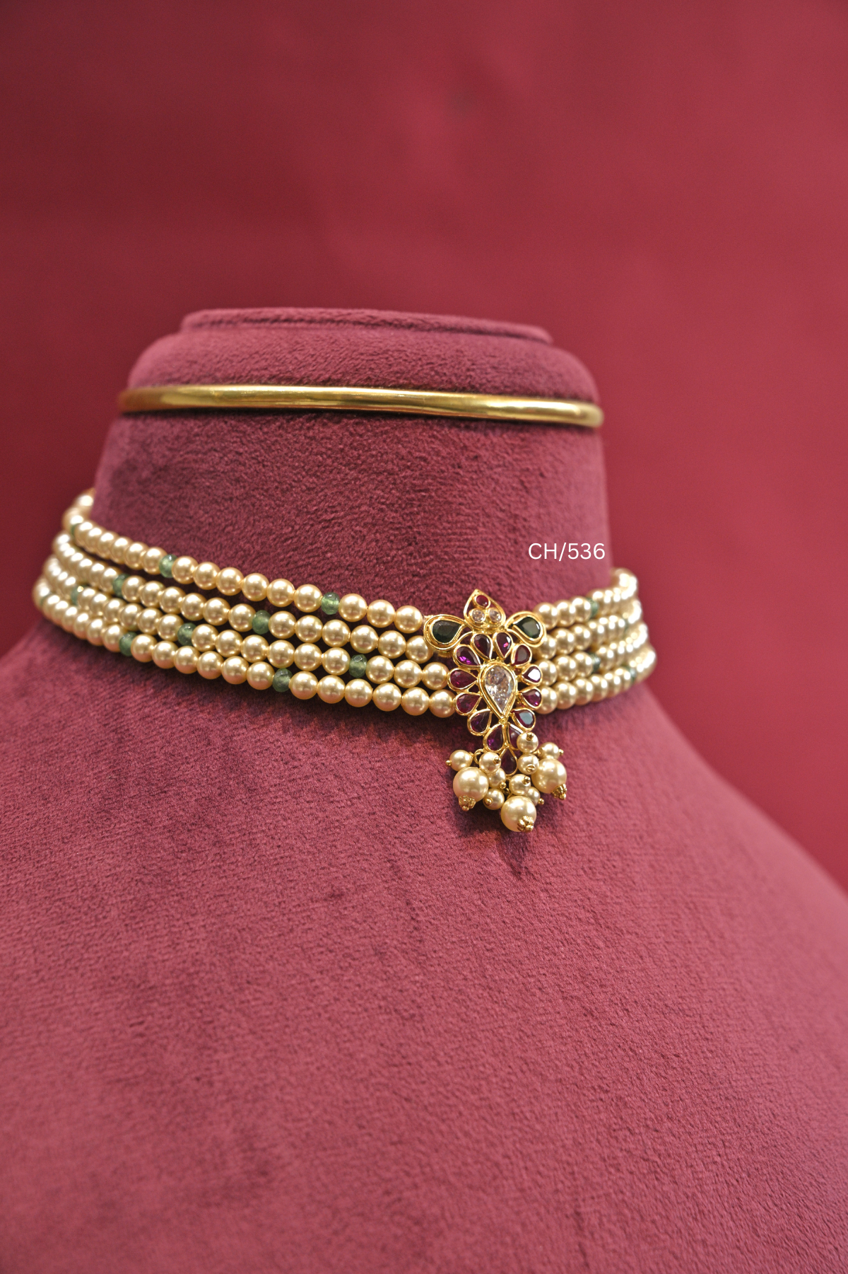 Multi-Strand Pearl Choker with Ruby, Emerald & CZ Pendant | SKU: CH/536