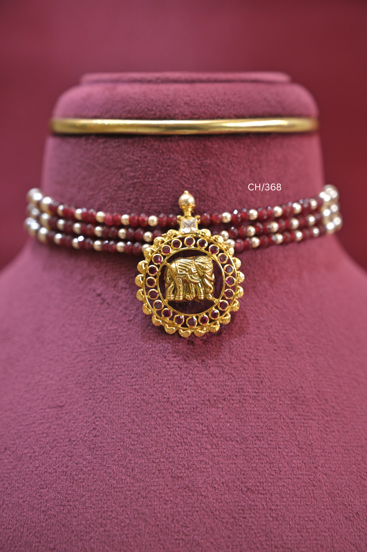 Three-Strand Ruby Bead Choker with Royal Elephant Medallion | SKU: CH/368