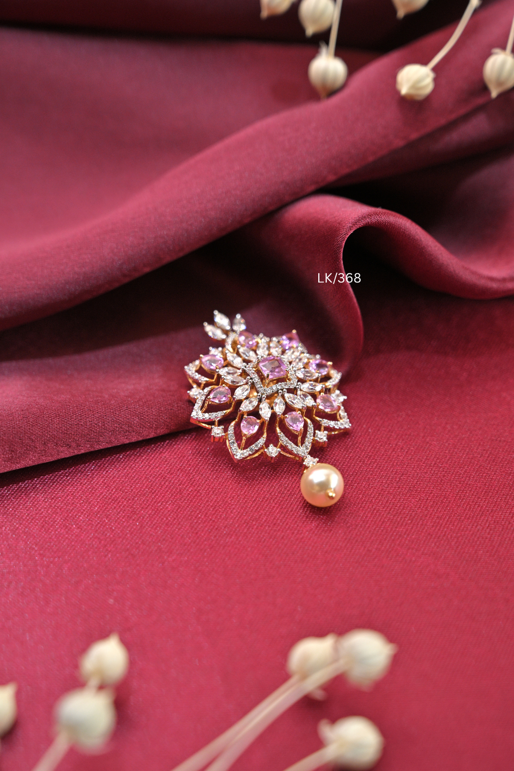 Pink Gemstone Floral Starburst Locket with Pearl Drop | SKU: LK/368