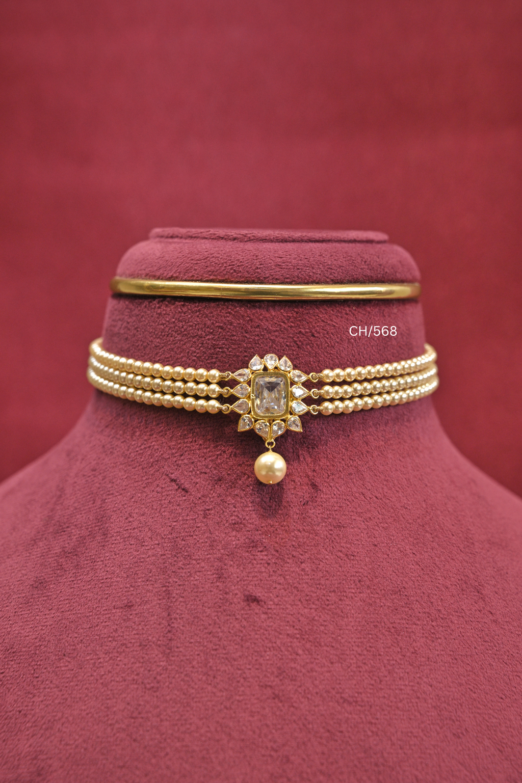 Three-Strand Pearl Choker with Radiant-Cut Solitaire Pendant | SKU: CH/568