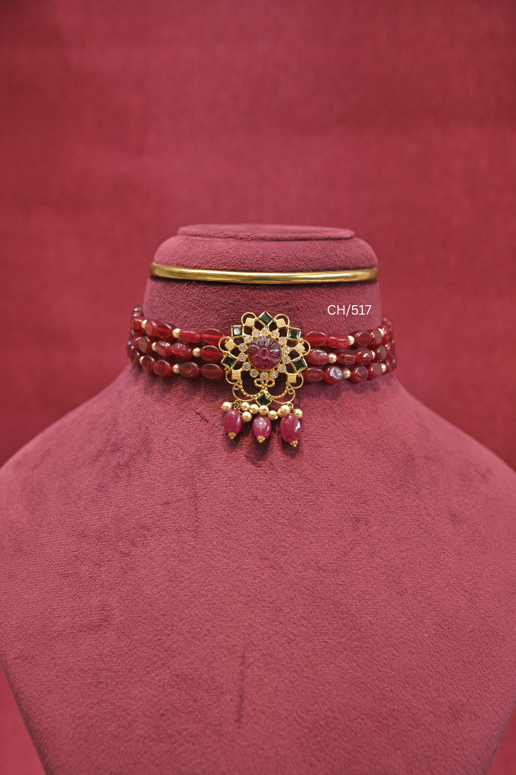 Ruby-Red Oval Bead Choker with Carved Gemstone Medallion | SKU: CH/517