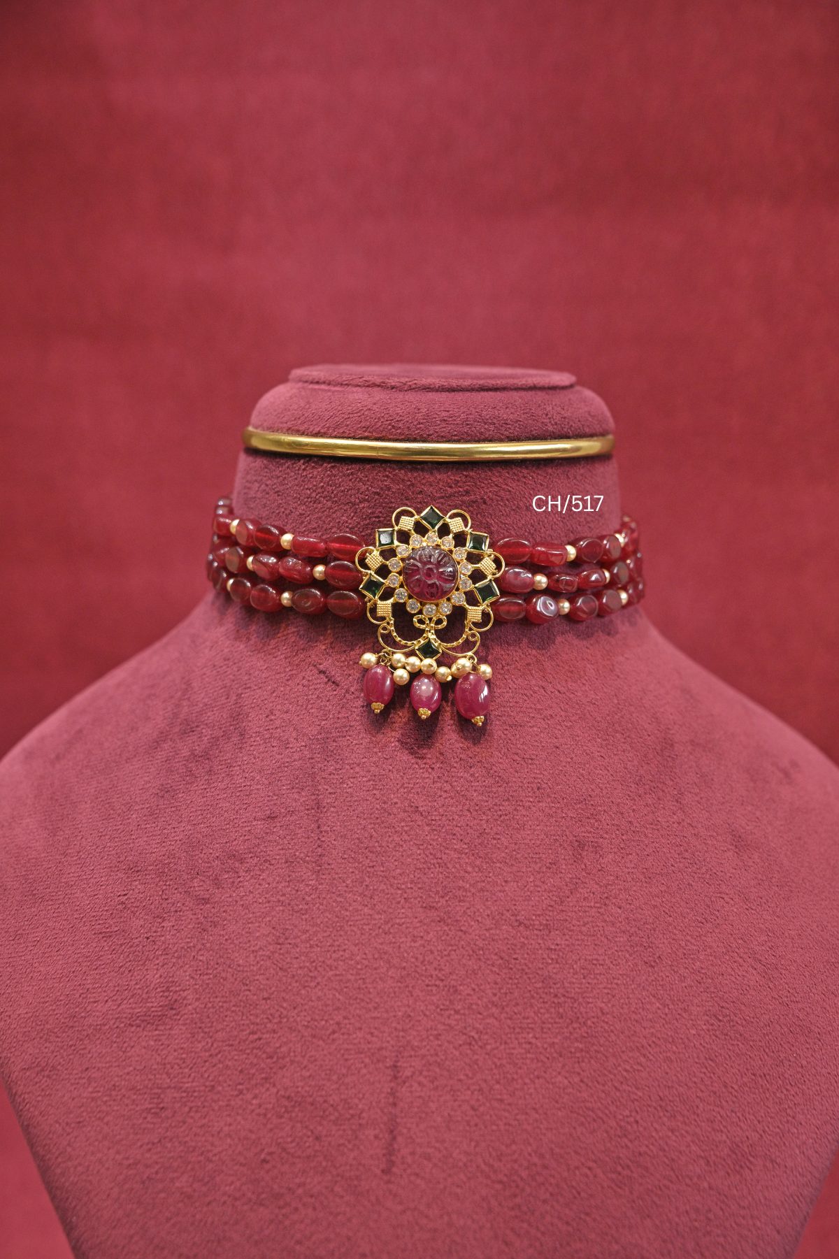 Ruby-Red Oval Bead Choker with Carved Gemstone Medallion | SKU: CH/517