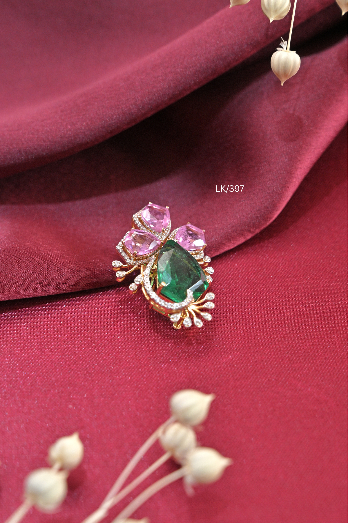 Colombian Emerald & Pink Gemstone Floral Locket | SKU: LK/397