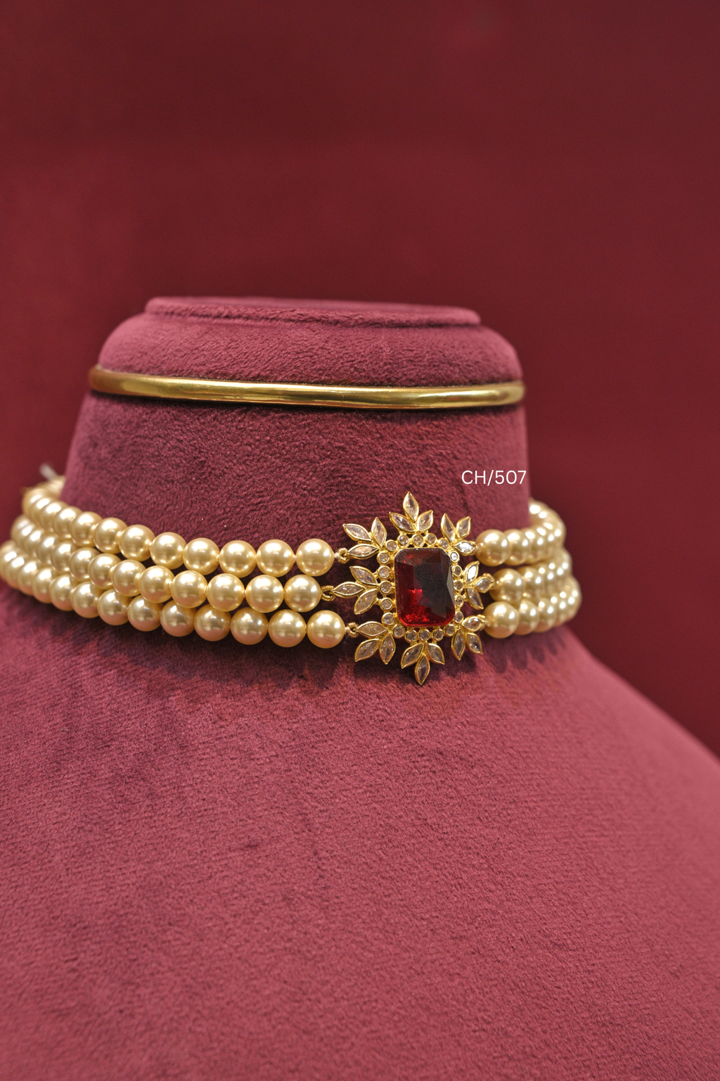 Three-Strand Pearl Choker with Emerald-Cut Ruby & CZ Starburst Pendant | SKU: CH/507