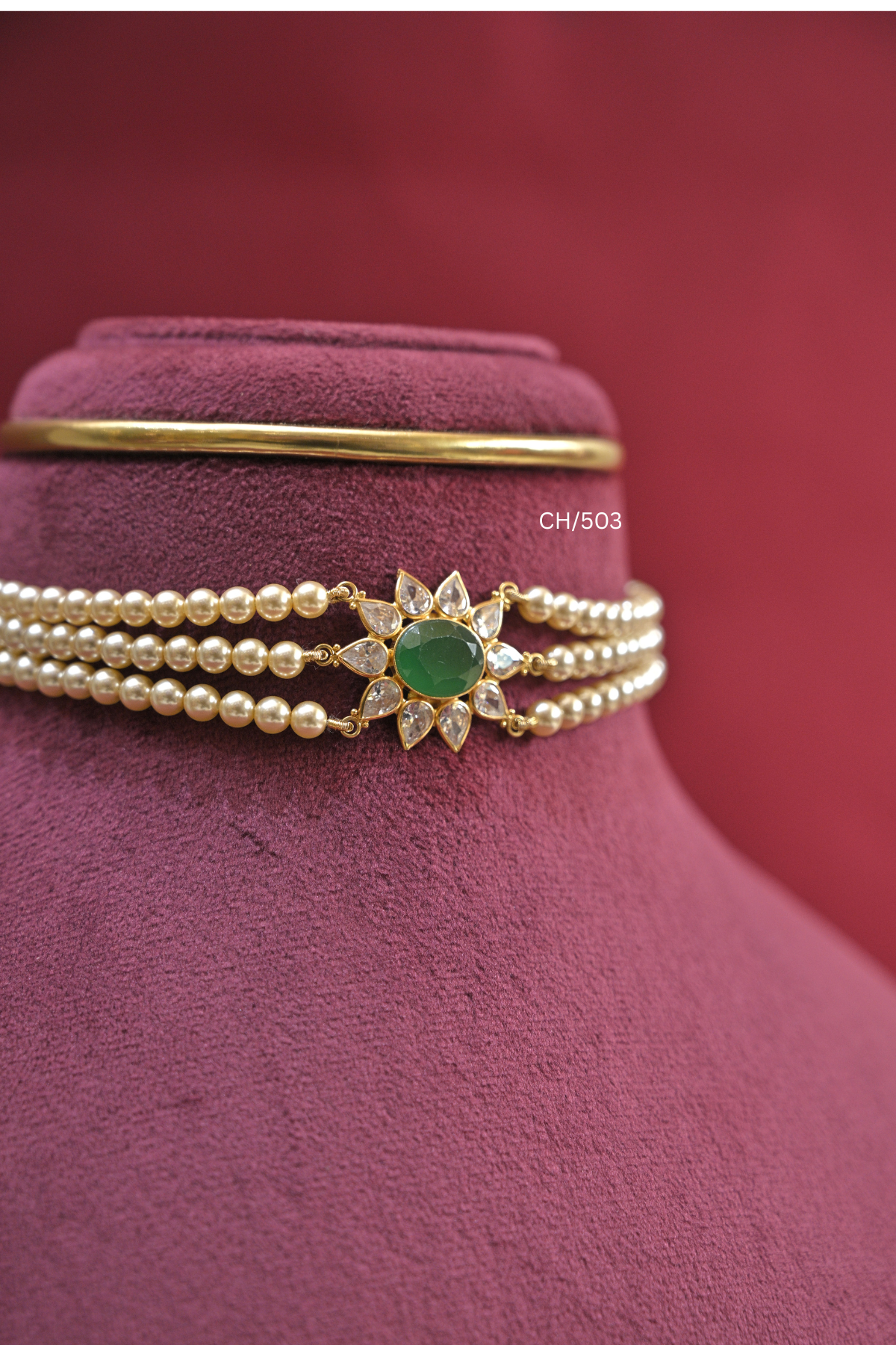 Three-Strand Pearl Choker with Emerald & CZ Floral Medallion | SKU: CH/503