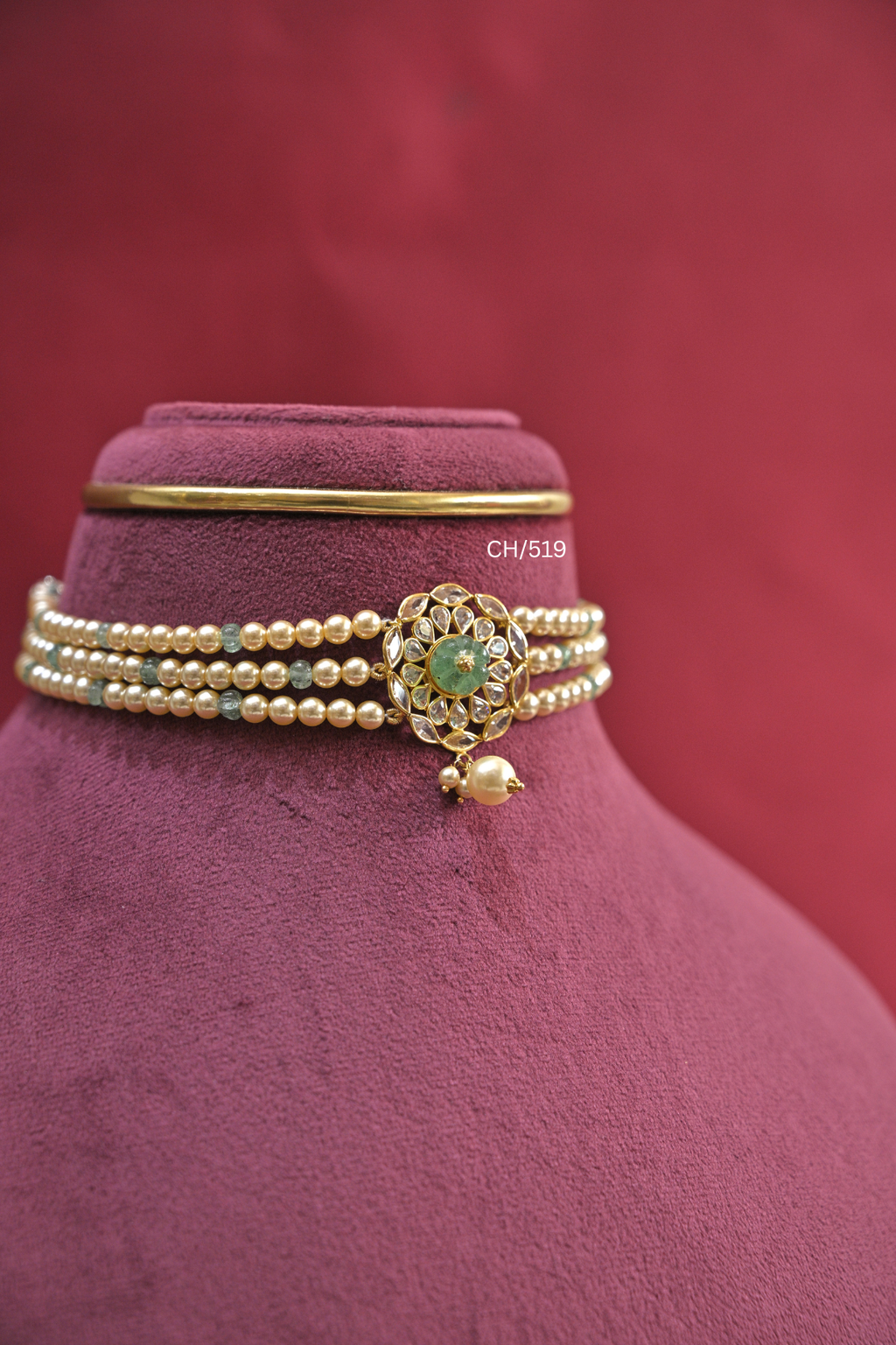 Three-Strand Pearl & Green Bead Choker with Carved Emerald Medallion | SKU: CH/519