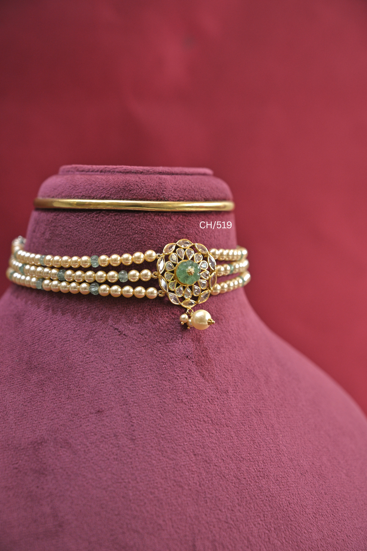 Three-Strand Pearl & Green Bead Choker with Carved Emerald Medallion | SKU: CH/519