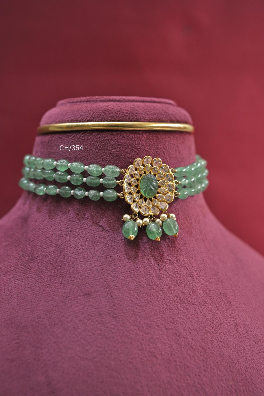 Three-Strand Emerald Bead Choker with Carved Gemstone & CZ Medallion | SKU: CH/354
