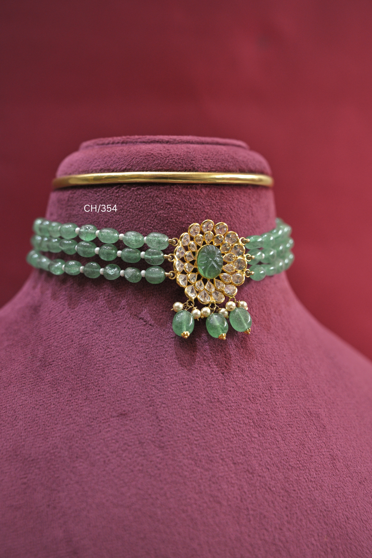 Three-Strand Emerald Bead Choker with Carved Gemstone & CZ Medallion | SKU: CH/354