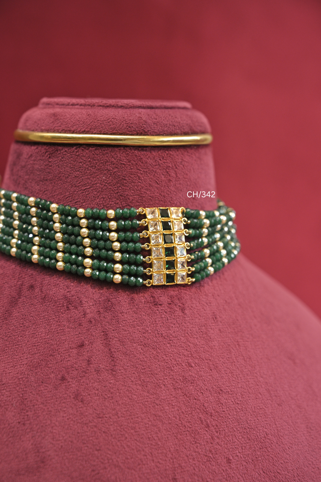 Deep Green Gemstone Beads Choker with Geometric Grid Bar | SKU: CH/342