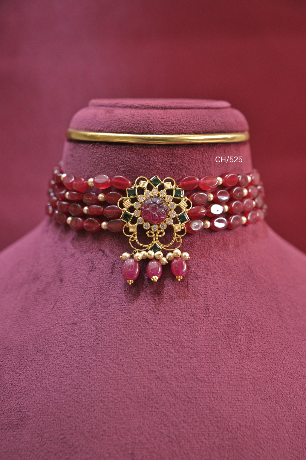 Ruby-Red Oval Bead Choker with Carved Gemstone Medallion | SKU: CH/525
