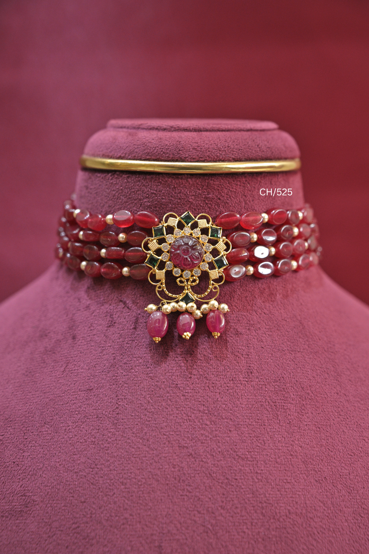 Ruby-Red Oval Bead Choker with Carved Gemstone Medallion | SKU: CH/525