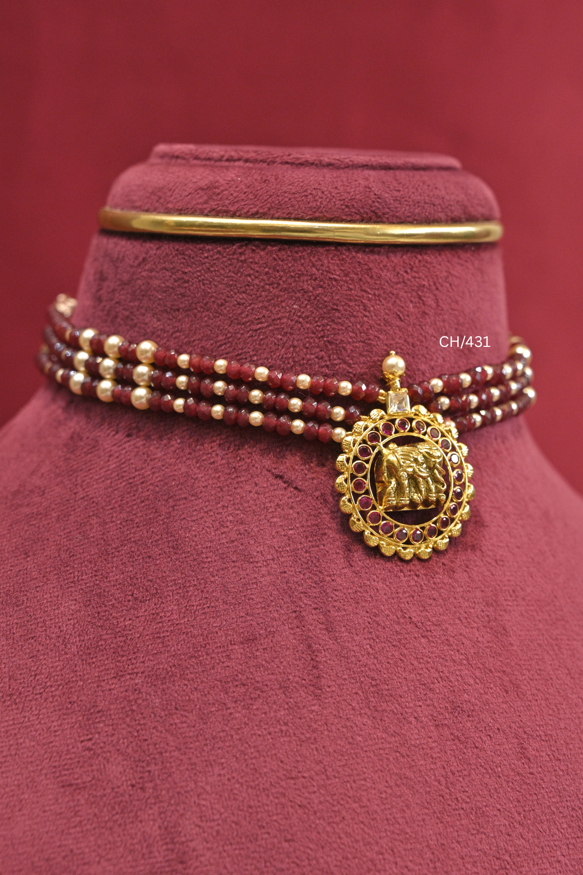 Ruby Beads Temple Choker with Elephant Medallion| SKU: CH/431
