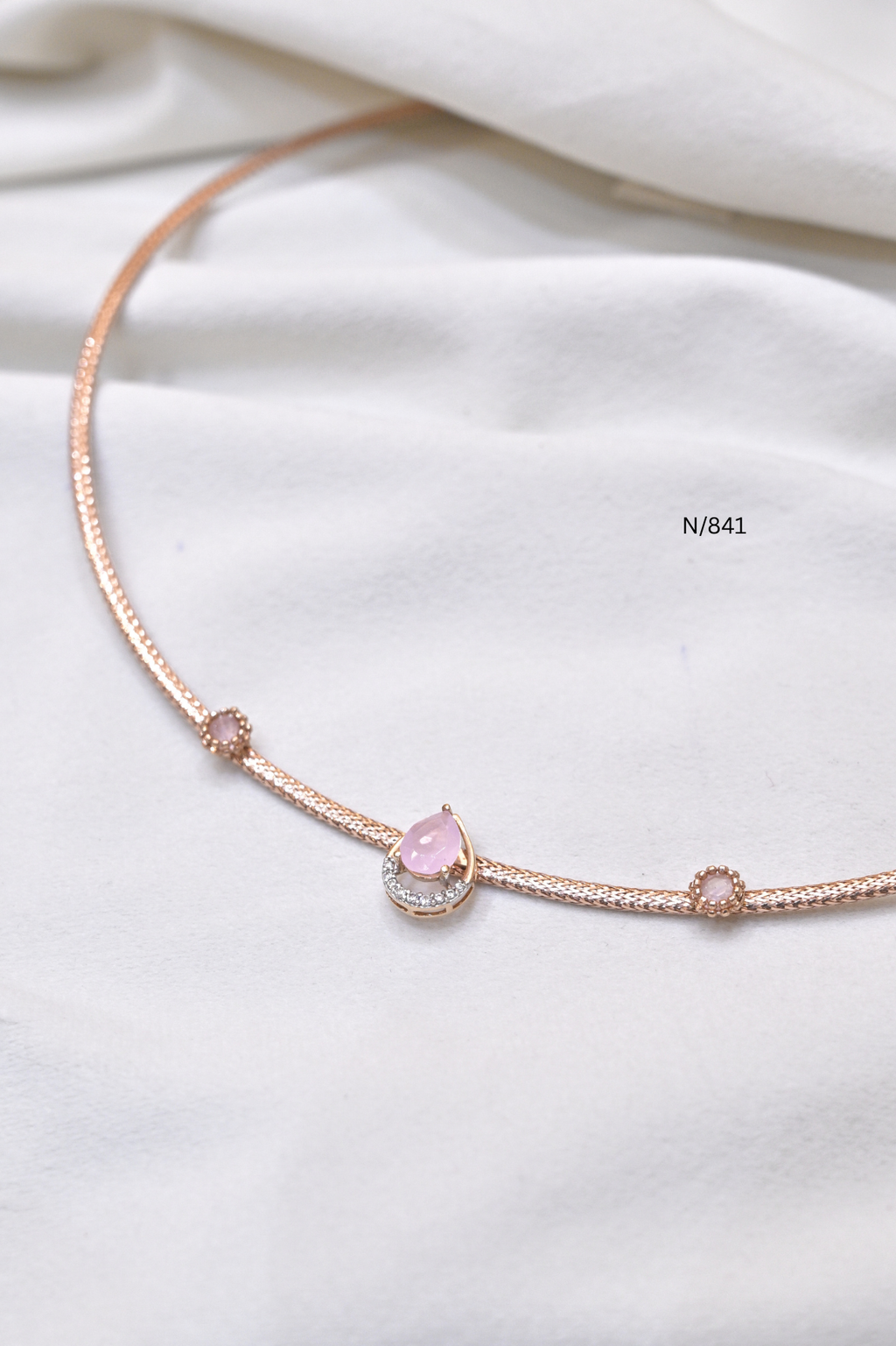 Italian Kanti Mesh Necklace with Pink Teardrop Gemstone | SKU: n/841