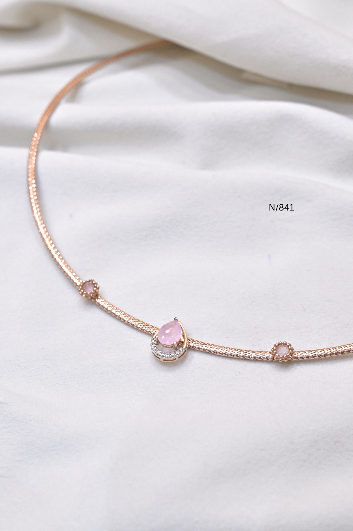 Italian Kanti Mesh Necklace with Pink Teardrop Gemstone | SKU: n/841