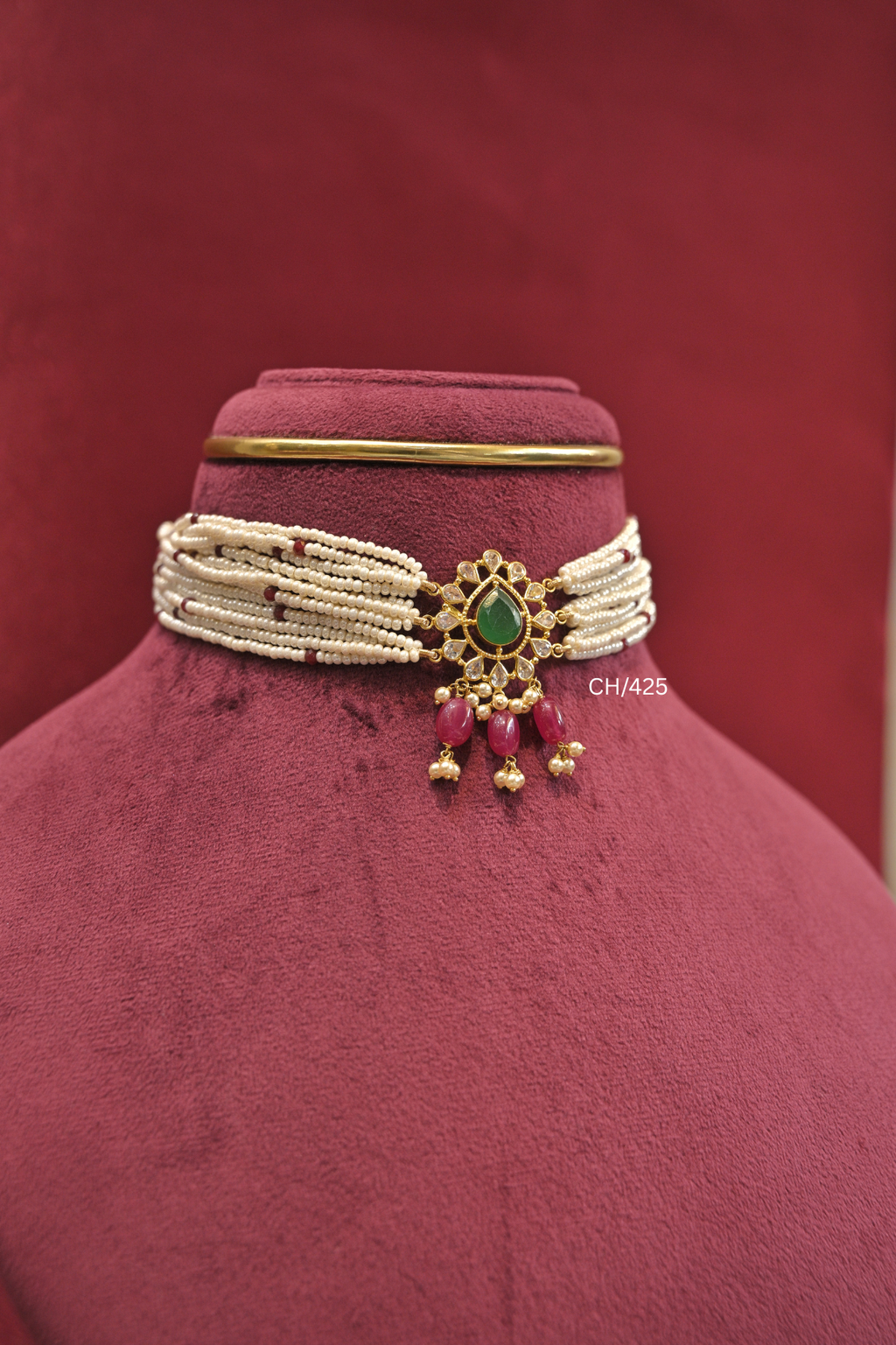 Multi-Strand Pearl Choker with Emerald & Ruby Drops | SKU: CH/425