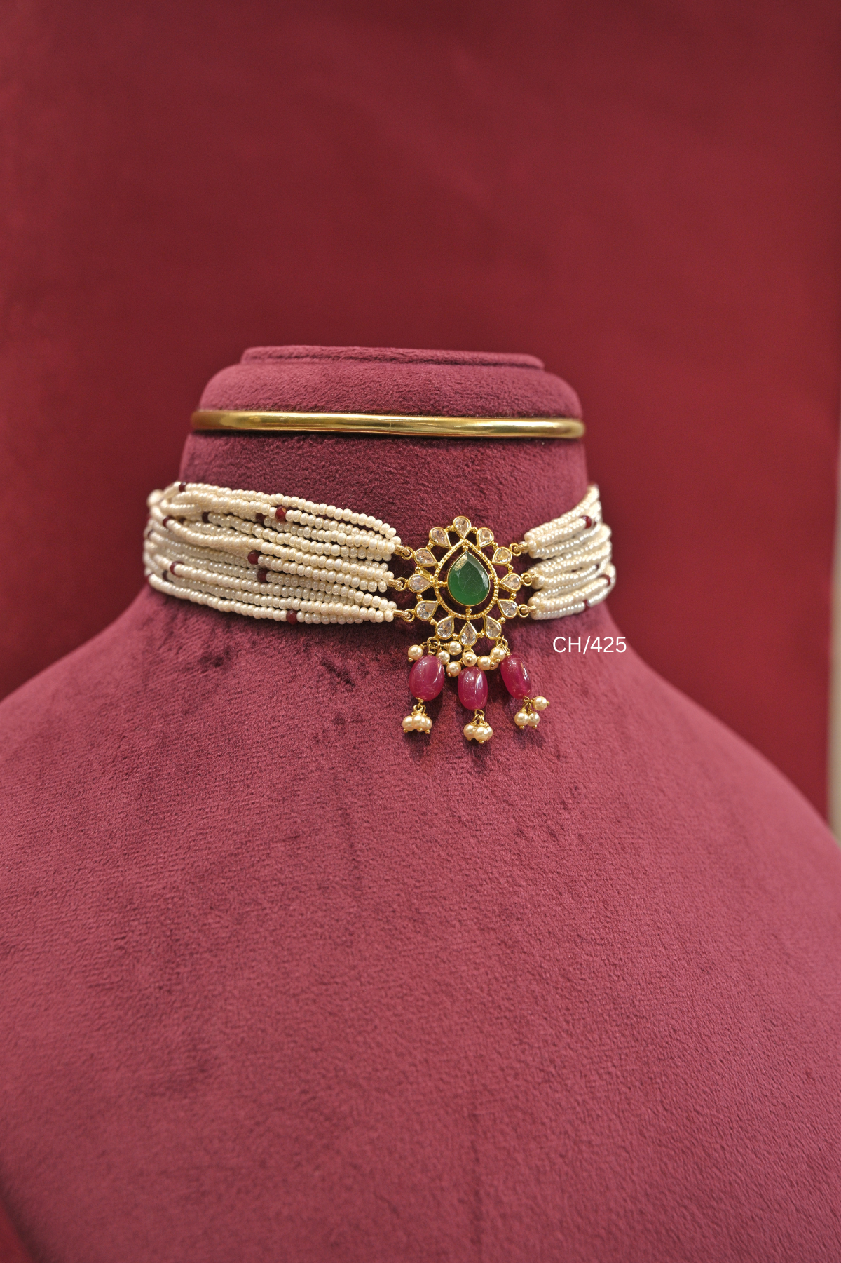 Multi-Strand Pearl Choker with Emerald & Ruby Drops | SKU: CH/425