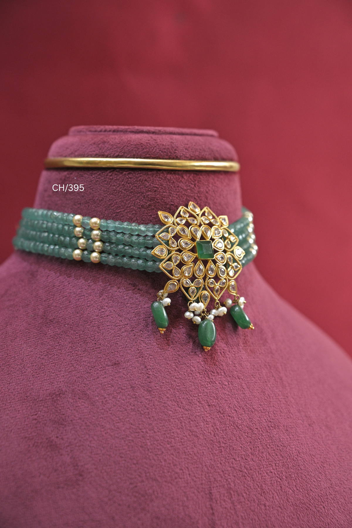 Multi-Strand Emerald Bead Choker with Square Emerald & Intricate CZ Medallion | SKU: CH/395