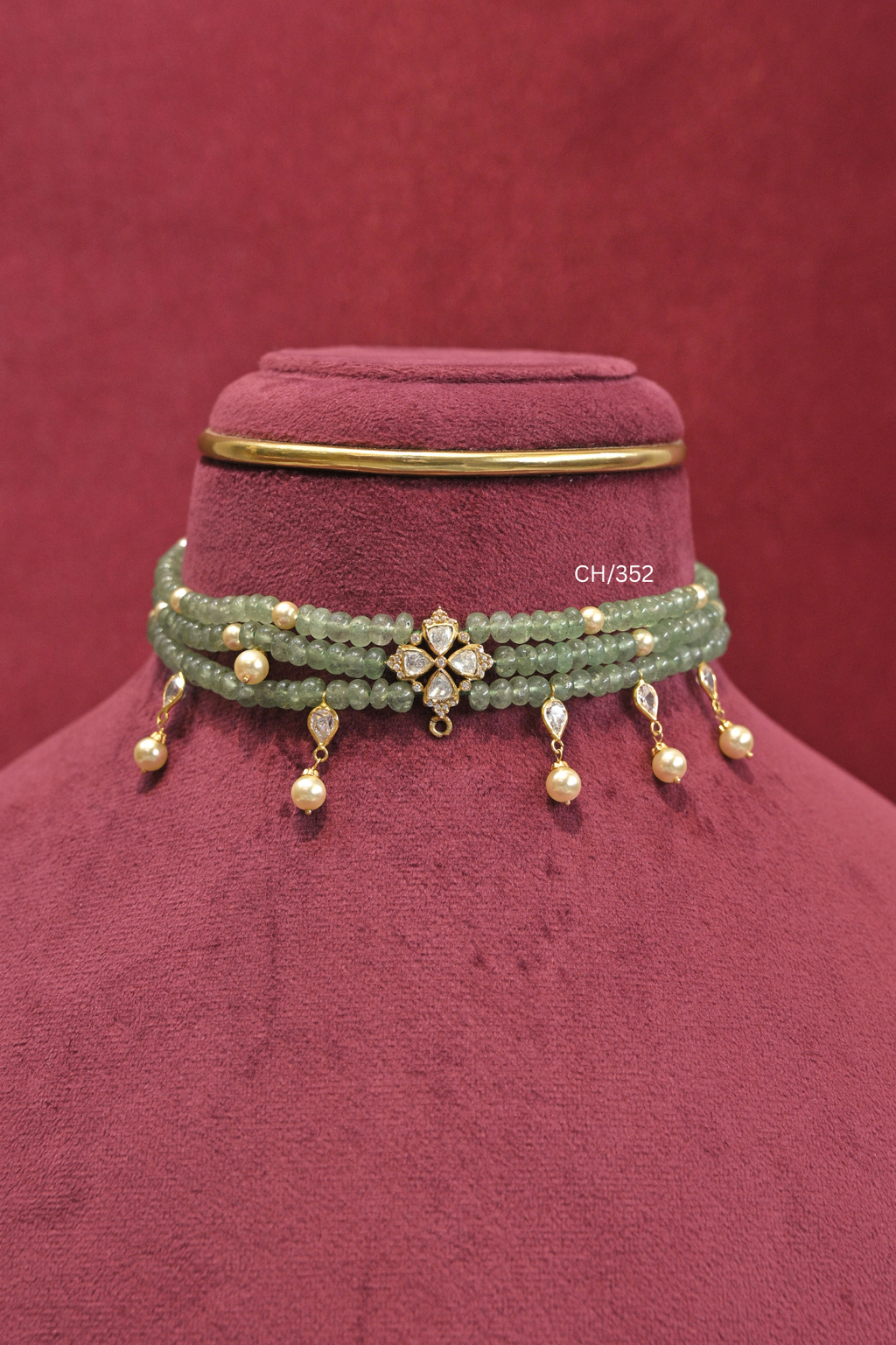 Mint Green Gemstone Beads Choker with Pearl Drops | SKU: CH/352