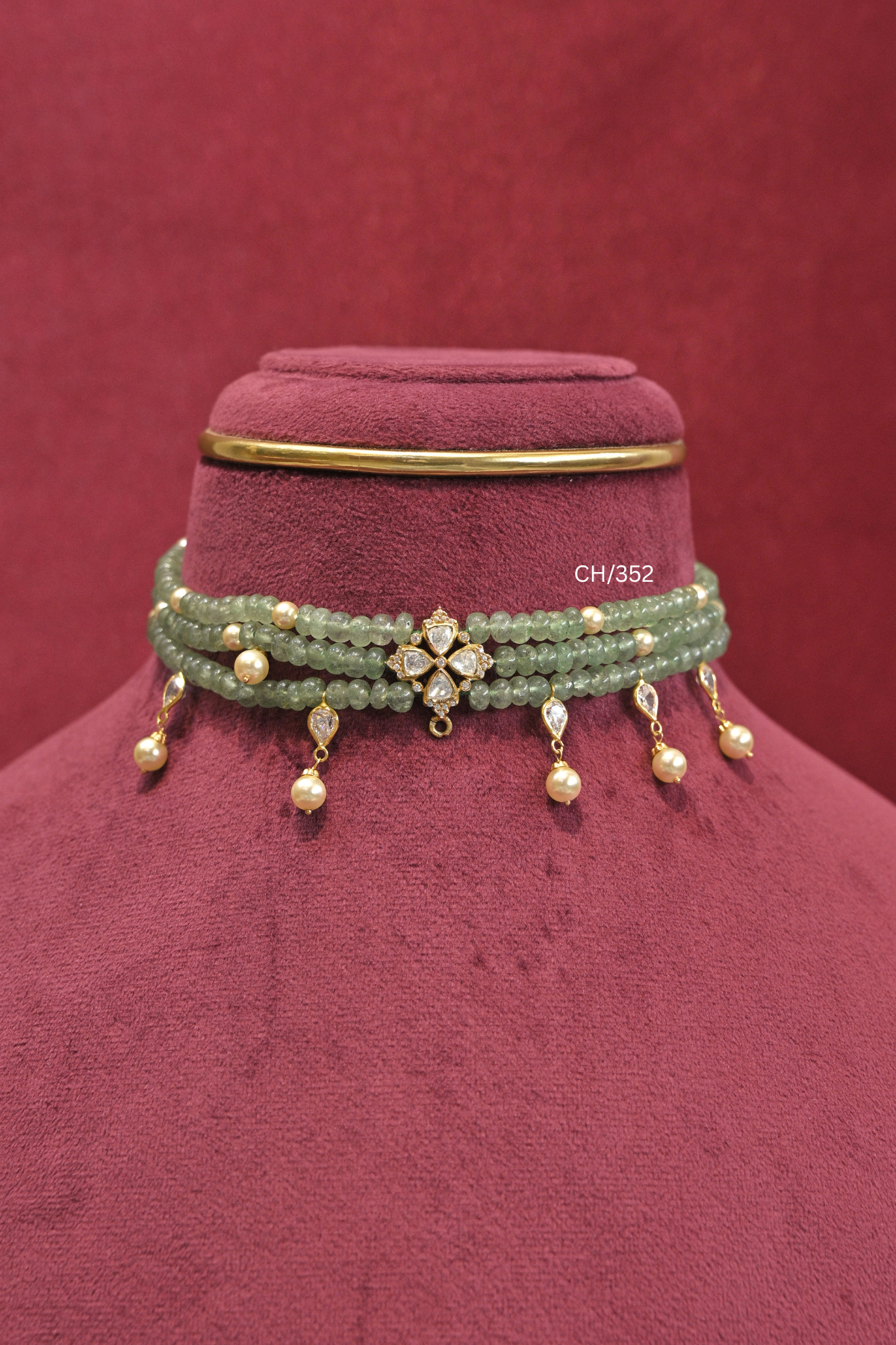Mint Green Gemstone Beads Choker with Pearl Drops | SKU: CH/352