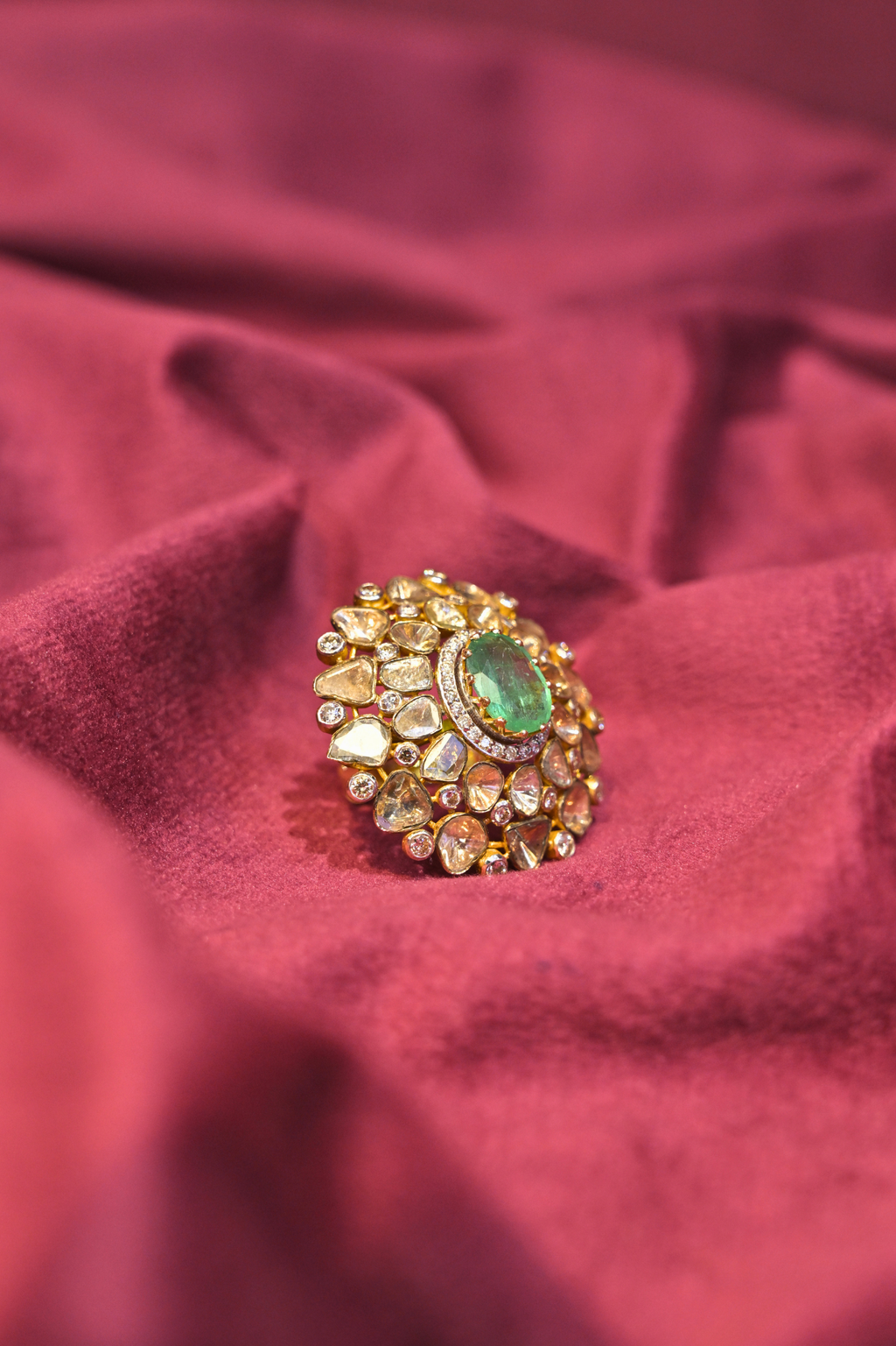 Emerald Green Statement Cocktail Ring with Polki-Inspired Halo Design